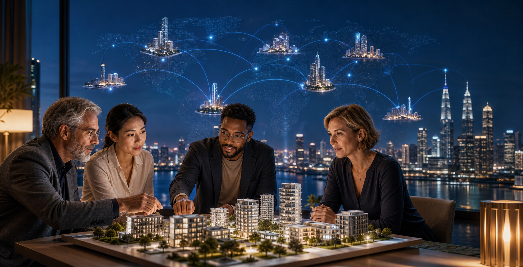 Investidores analisando imóveis conectados globalmente